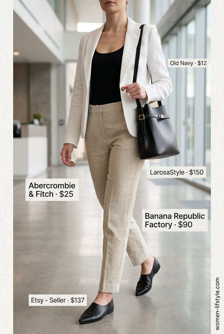 Mob wife summer outfits 2026: Beige linen pants, white blazer, black loafers for chic workwear.