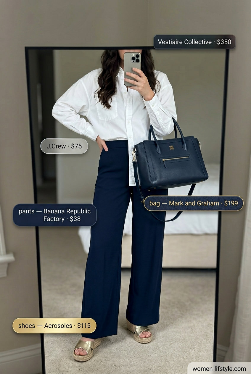 Mob wife summer outfits 2026: Navy wide-leg pants, white shirt, gold espadrilles, structured tote for marina lunch.