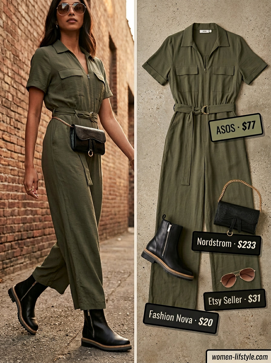 Mob wife summer outfits 2026: Olive utility jumpsuit, black boots, aviator sunglasses for safari chic.