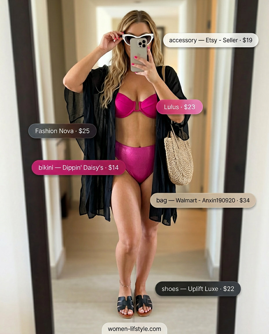 Mob wife summer outfits 2026: Hot pink bikini, sheer kimono, straw tote, white sunglasses for poolside glamour.