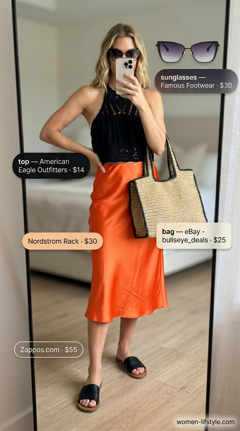 Mob wife summer outfits 2026: Orange satin skirt, crochet top, straw tote, black slides for resort glam.