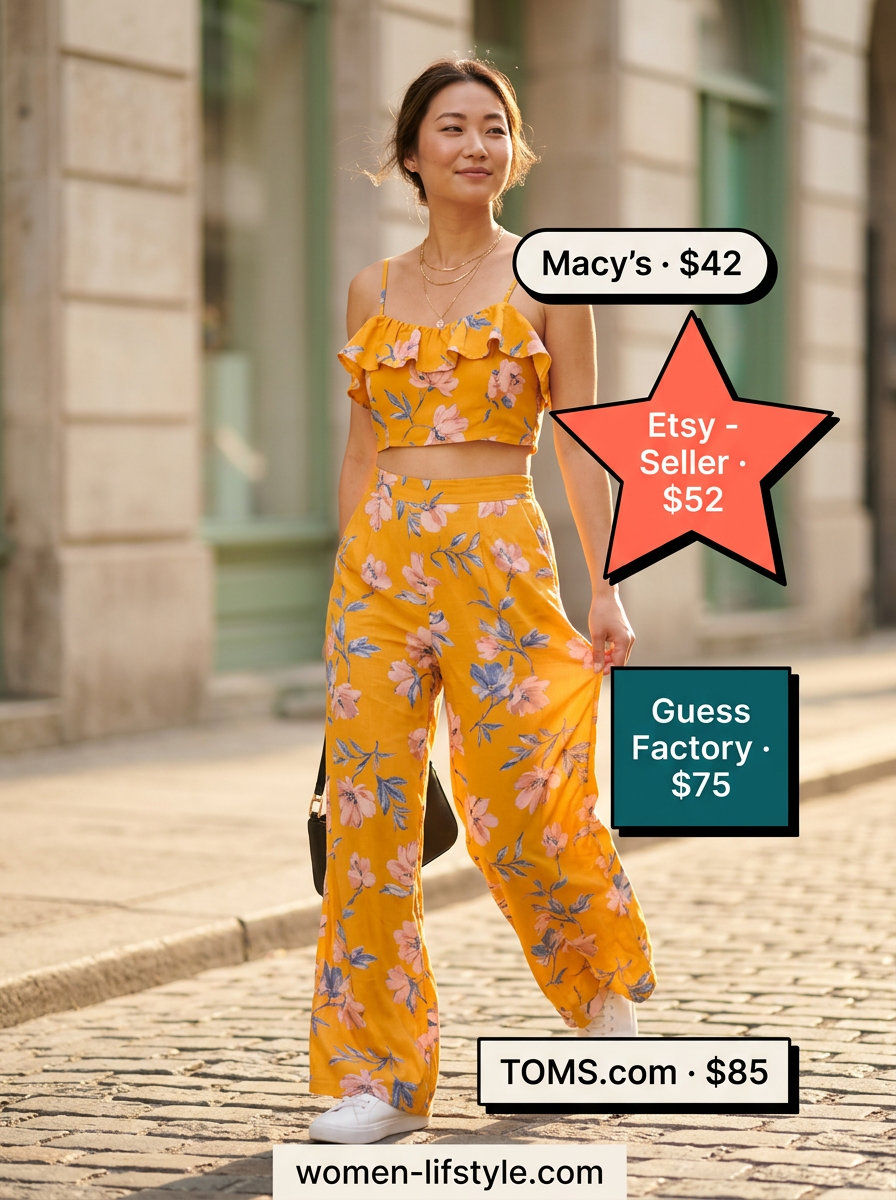 Mob wife summer outfits 2026: Pink floral matching set, white sneakers, gold necklaces for a chic day trip.