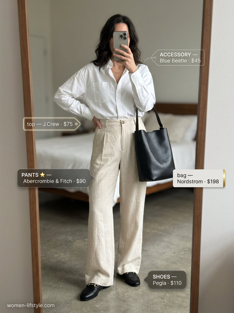 Mob wife summer outfits 2026: Beige wide-leg trousers, white oversized shirt, gold necklace, black loafers for a chic office look.