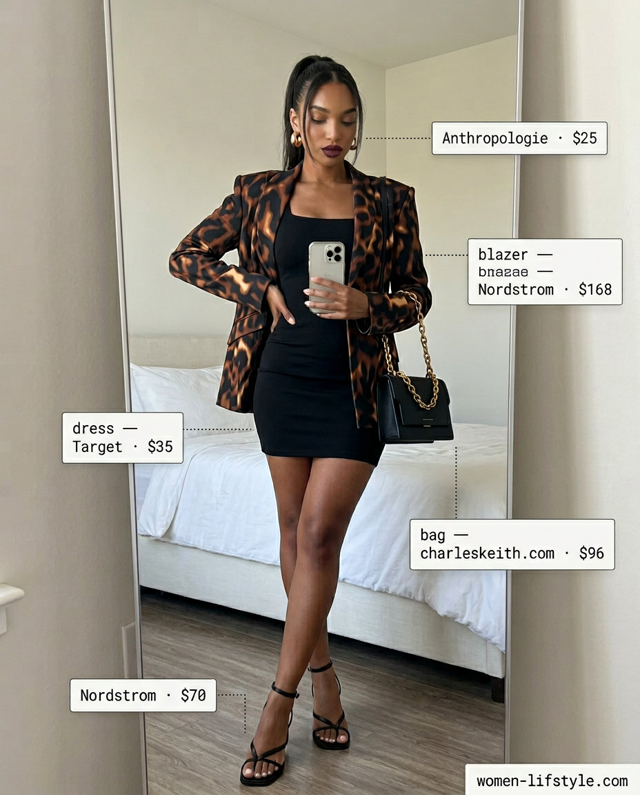 Mob wife summer outfits 2026: Black mini dress, animal print blazer, strappy heels, gold hoops for a night out.