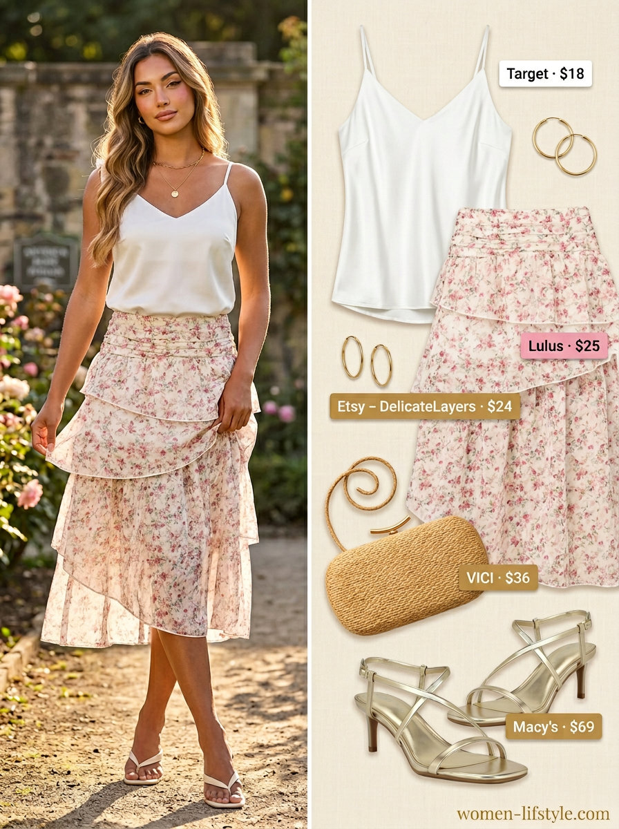 Mob wife summer outfits 2026: Floral midi skirt, satin cami, gold sandals, straw clutch for summer romance.