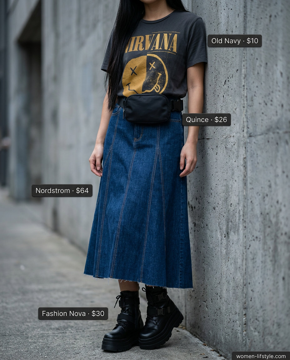 Mob wife summer outfits 2026: Denim A-line skirt, graphic tee, combat boots, silver necklace for urban edge.