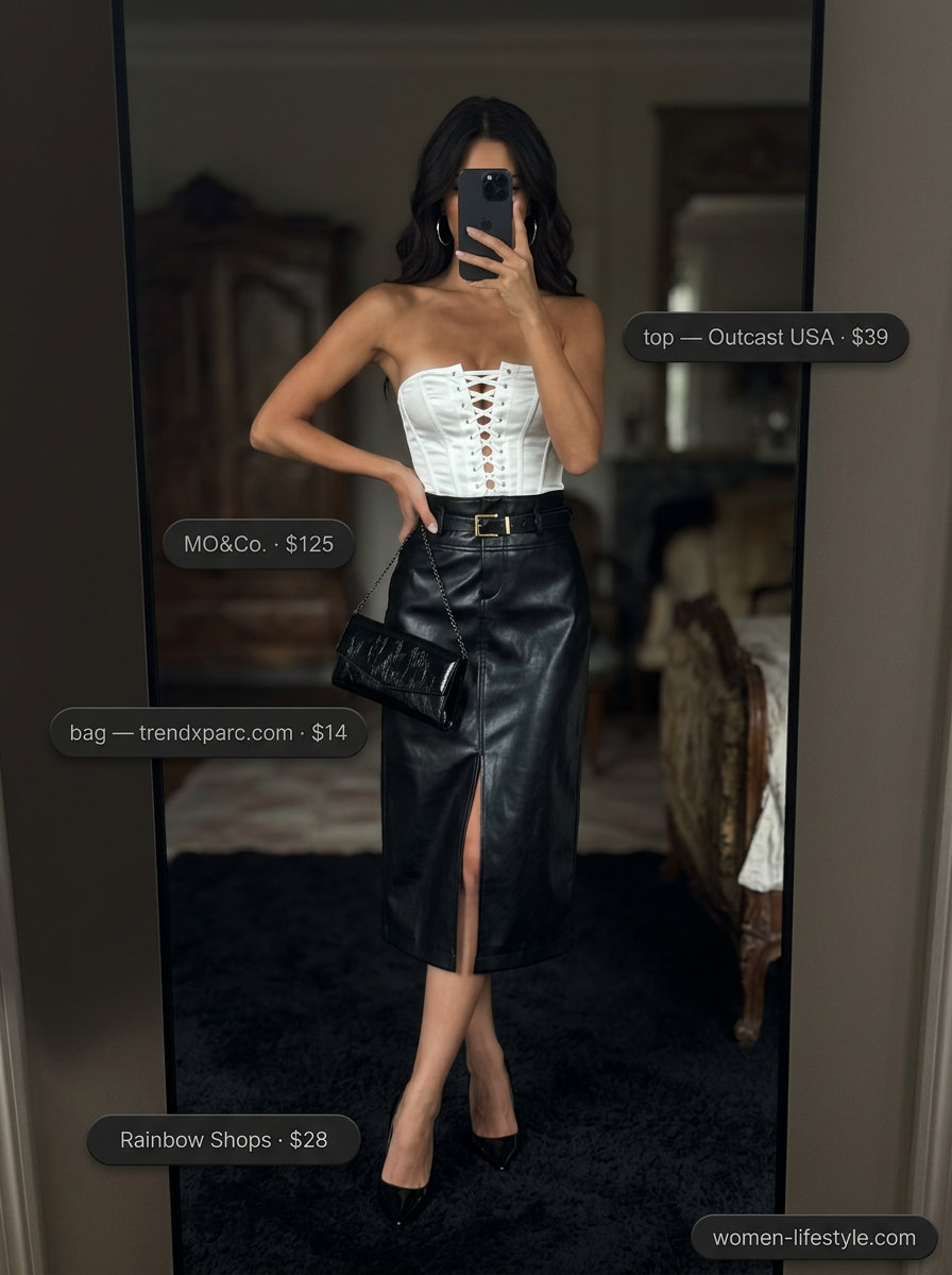 Mob wife summer outfits 2026: White corset top, black midi skirt, stilettos for edgy night out.