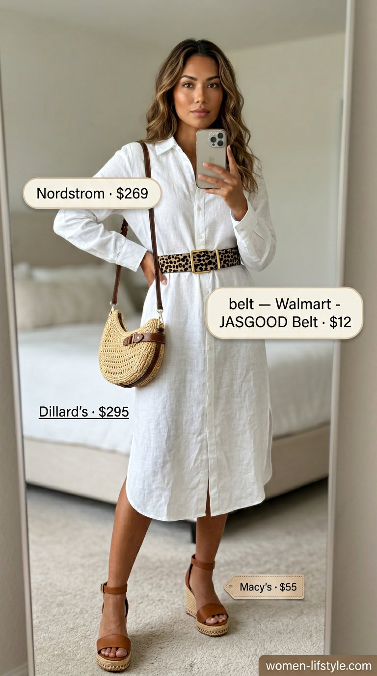 Mob wife summer outfits 2026: White linen shirt dress, leopard belt, espadrilles for Mediterranean cruise.
