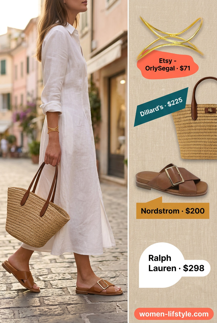 Mob wife summer outfits 2026: White linen shirt dress, leather slides, straw tote for beachside lunch.