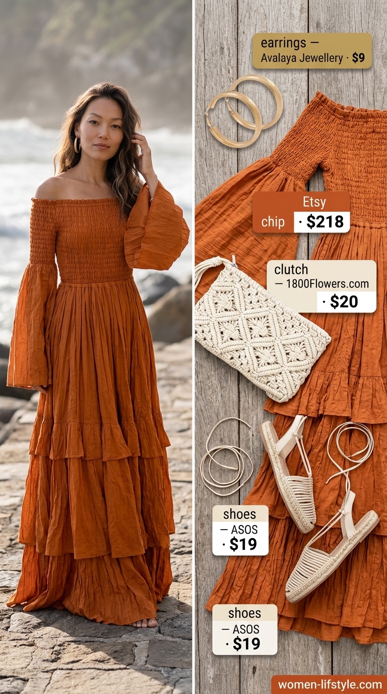 Terracotta maxi dress outfit: must have summer clothes for women 2026. Bohemian style for weddings or festivals.