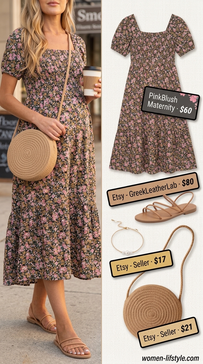 Coral pink floral dress: must have summer clothes for women 2026. Feminine garden party look with tan sandals.