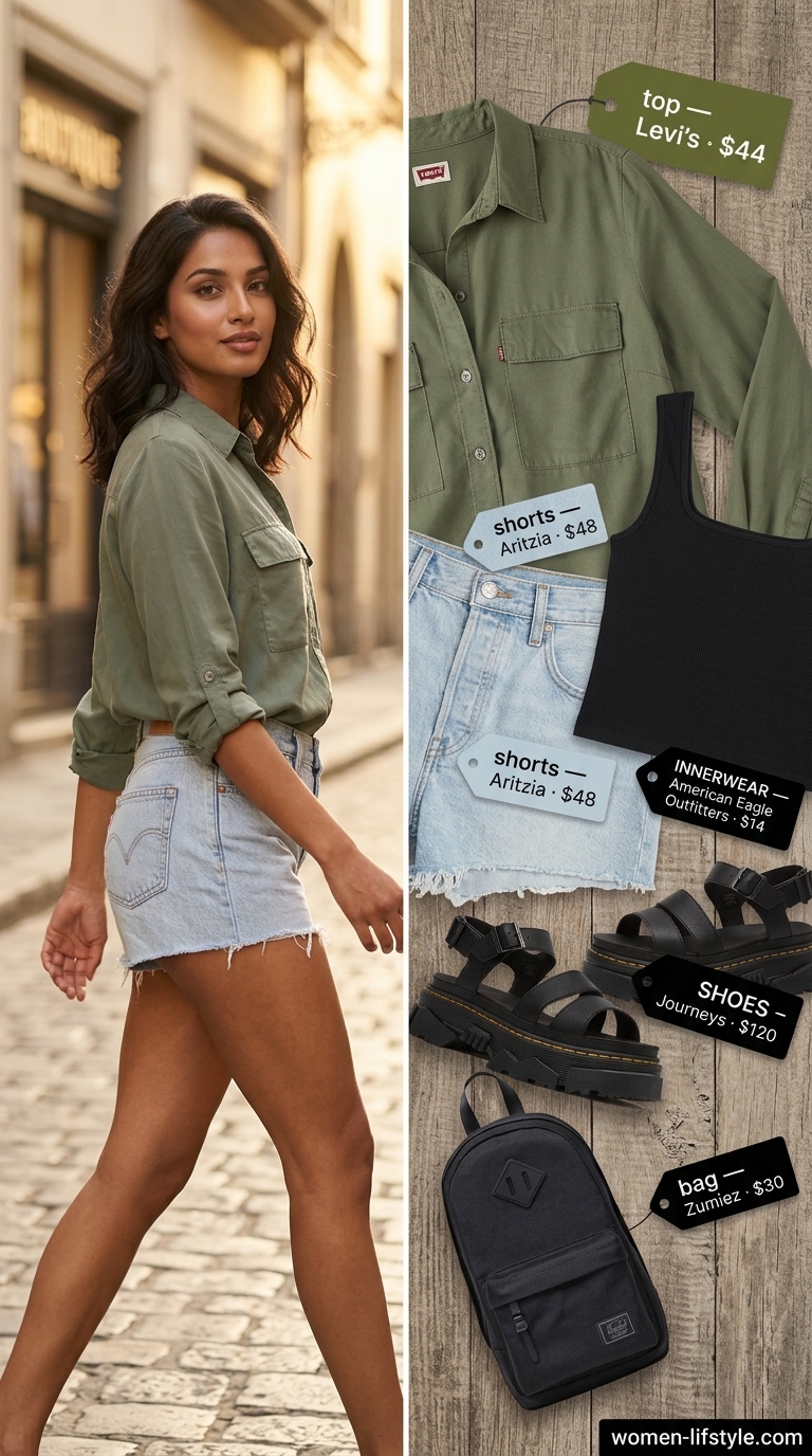 Denim shorts, olive shirt, black tank for must have summer clothes for women 2026.