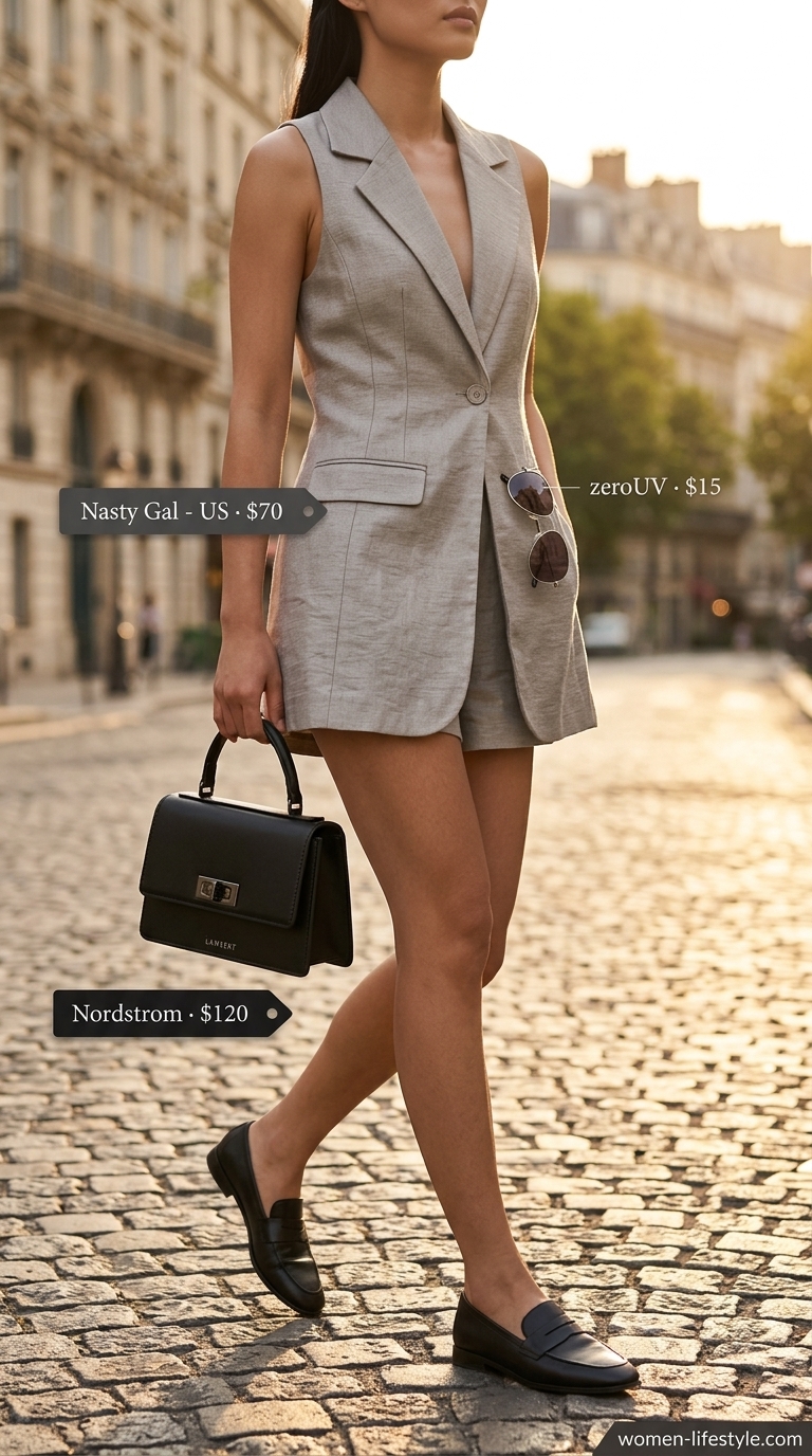 Light grey blazer romper, black mules, and silver bag for must have summer clothes for women 2026.