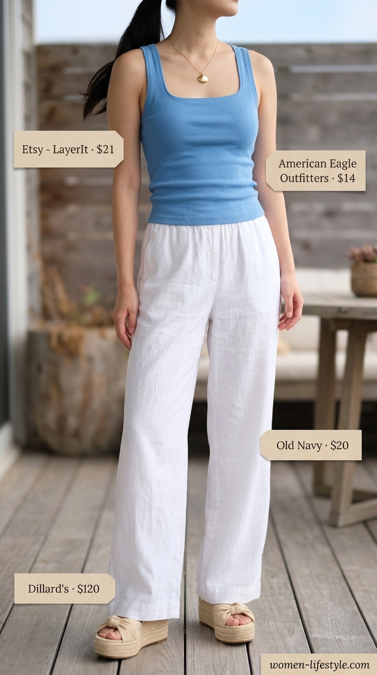 White linen pants, sky blue tank top, and straw tote for must have summer clothes for women 2026.