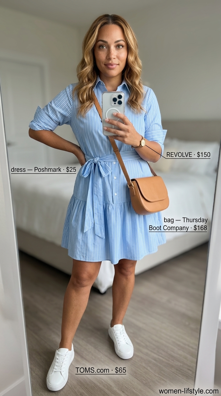 Light blue striped shirt dress: must have summer clothes for women 2026. Chic business casual look with tan crossbody.