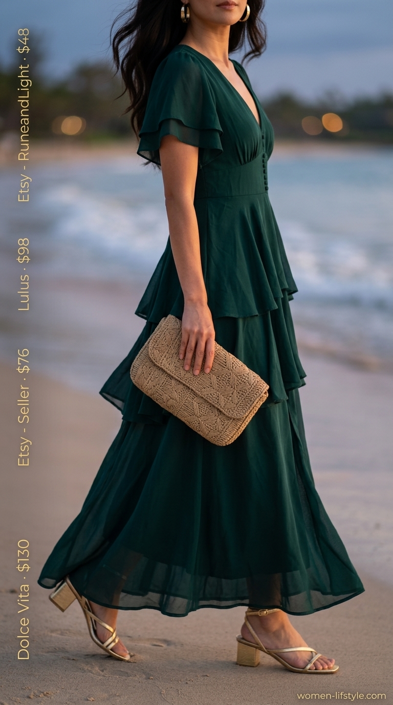 Emerald green maxi dress, gold block heels, statement hoops, raffia clutch. Must have summer clothes for women 2026.