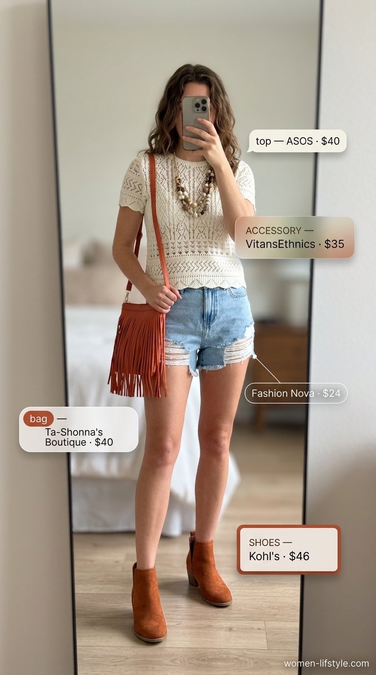 Denim shorts, crochet top, and fringe bag for must have summer clothes for women 2026.