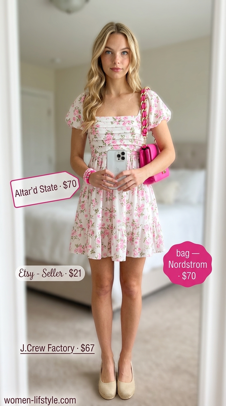 White floral dress, fuchsia bag, and espadrilles for must have summer clothes for women 2026.