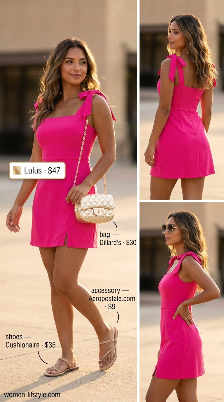 Fuchsia mini dress outfit: must have summer clothes for women 2026. Playful day party look with gold accessories.