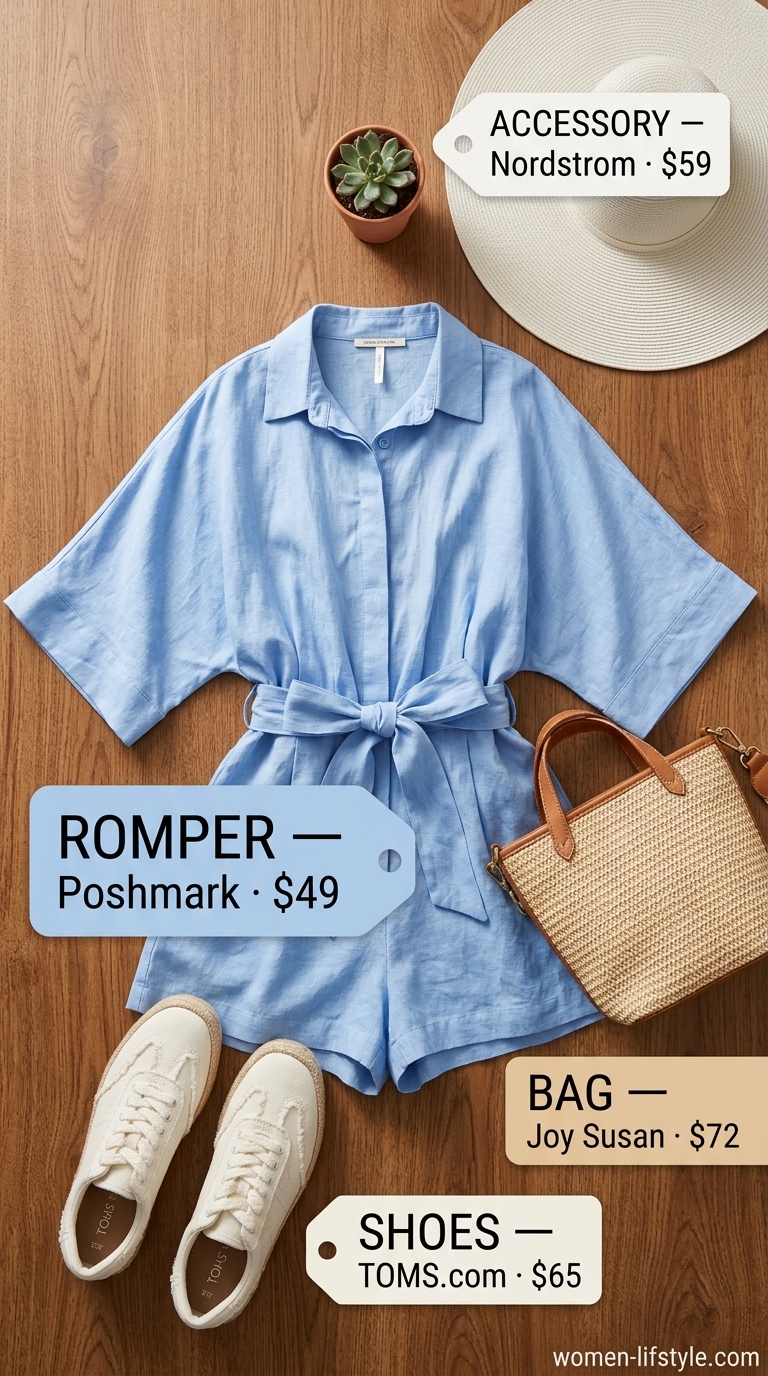 Sky blue linen romper, white straw hat, and espadrilles for must have summer clothes for women 2026.