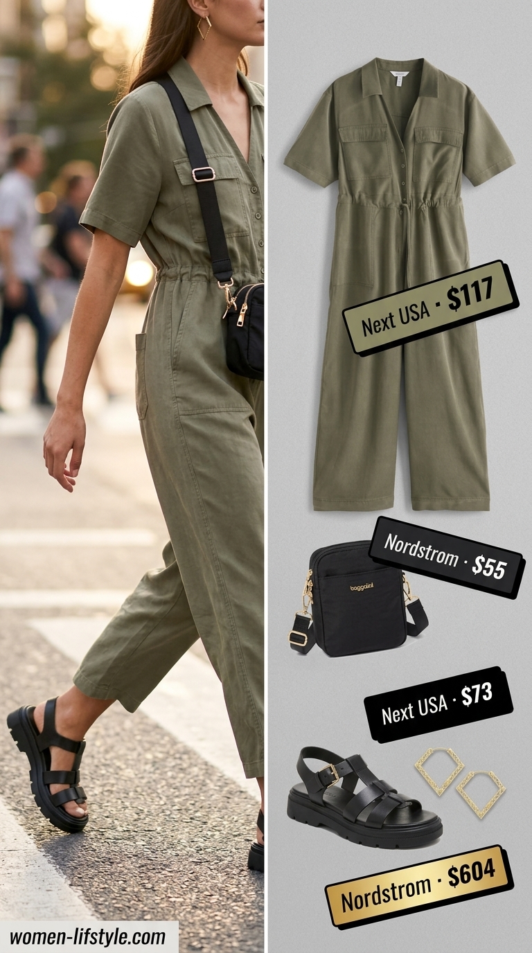 Khaki utility jumpsuit, black crossbody bag, and chunky sandals for must have summer clothes for women 2026.