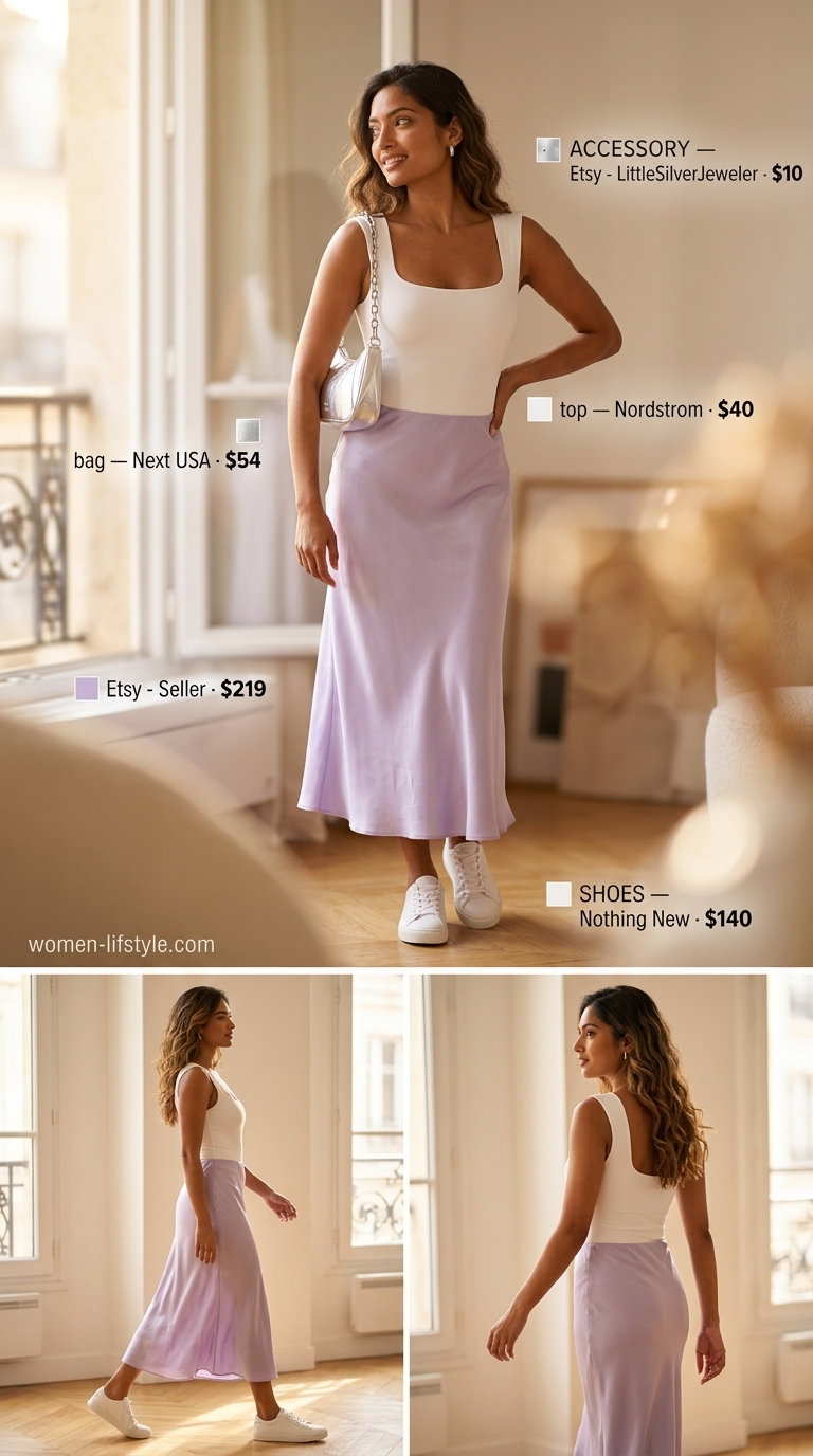 Lavender slip skirt, white bodysuit, silver bag & minimalist sneakers. Must have summer clothes for women 2026.