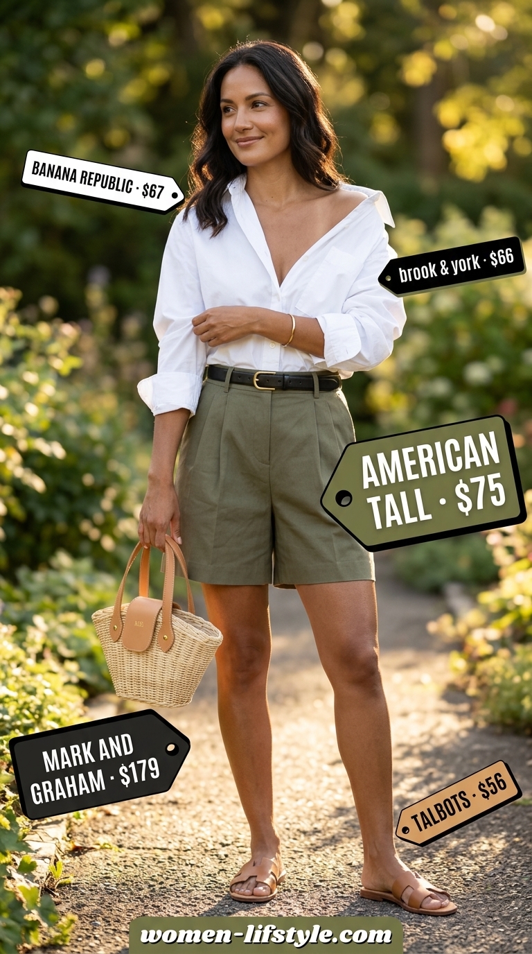 White oversized shirt, olive linen shorts, tan slides, wicker bag. Must have summer clothes for women 2026.