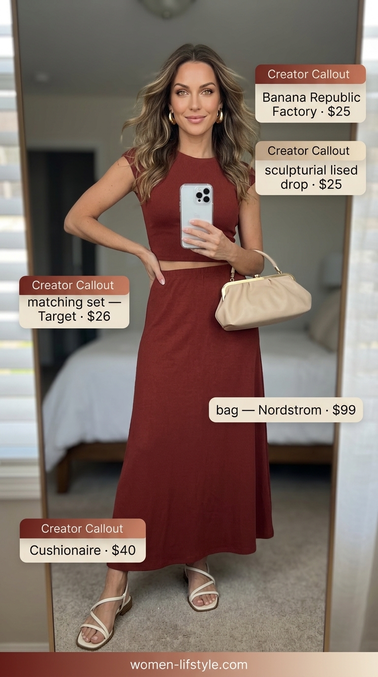 Terracotta matching set with cream sandals for must have summer clothes for women 2026.