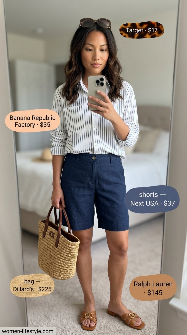Navy linen shorts, striped shirt, tan slides, straw tote. Must have summer clothes for women 2026.