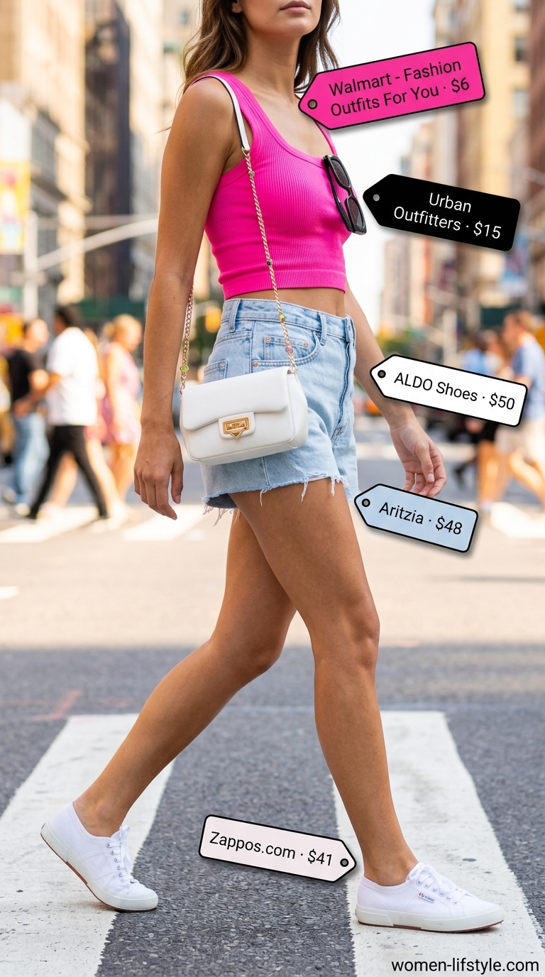 Hot pink crop top, denim shorts, white sneakers, crossbody bag. Must have summer clothes for women 2026.
