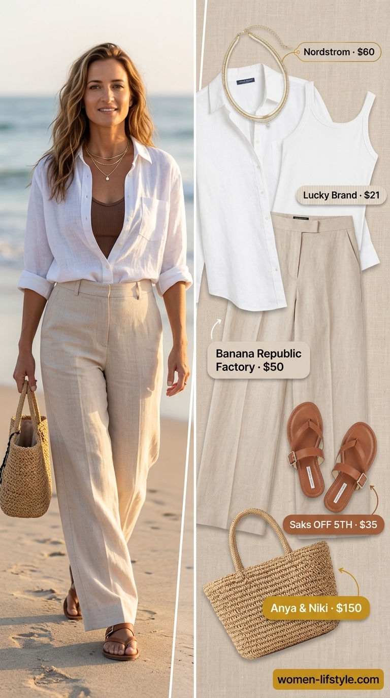 Sand beige linen pants outfit: must have summer clothes for women 2026. Relaxed beach vacation style with white tank.