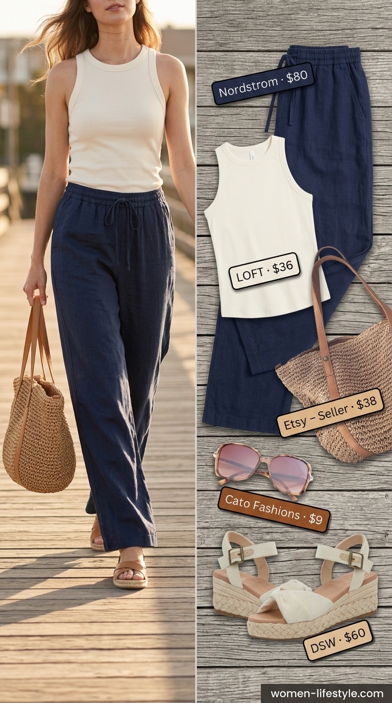 Navy blue linen pants outfit: must have summer clothes for women 2026. Chic resort wear with cream tank and espadrilles.
