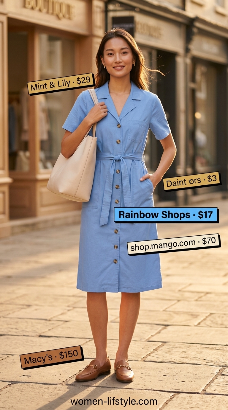 Sky blue shirt dress, cognac loafers, cream tote, gold studs. Must have summer clothes for women 2026.