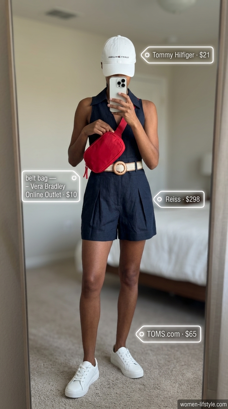 Navy blue romper outfit: must have summer clothes for women 2026. Sweet nautical style for errands or park strolls.