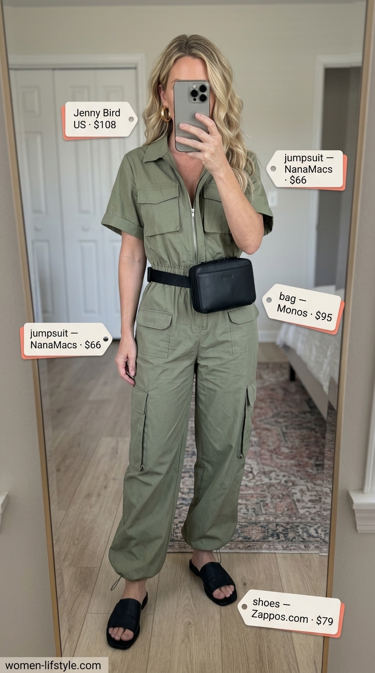 Olive green utility jumpsuit, black belt bag, and gold hoops for must have summer clothes for women 2026.