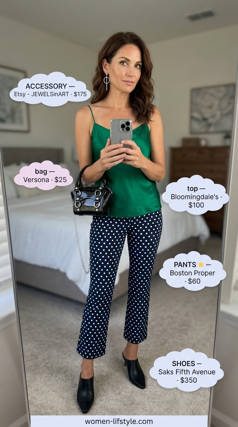 Navy summer polka dots outfits for women 2026: Emerald silk cami with navy polka dot pants for an art gallery opening.