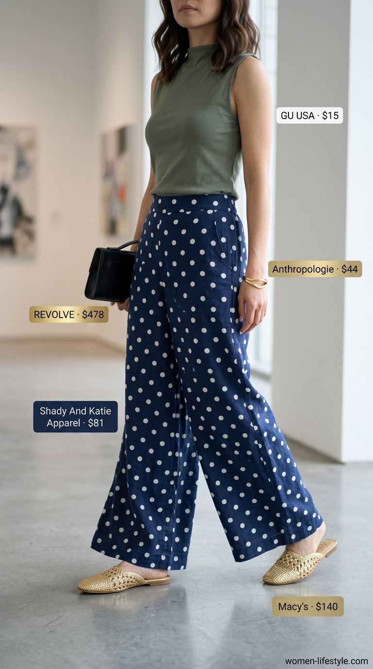 Navy summer polka dots outfits for women 2026: Linen culottes with polka dots for an art gallery visit.