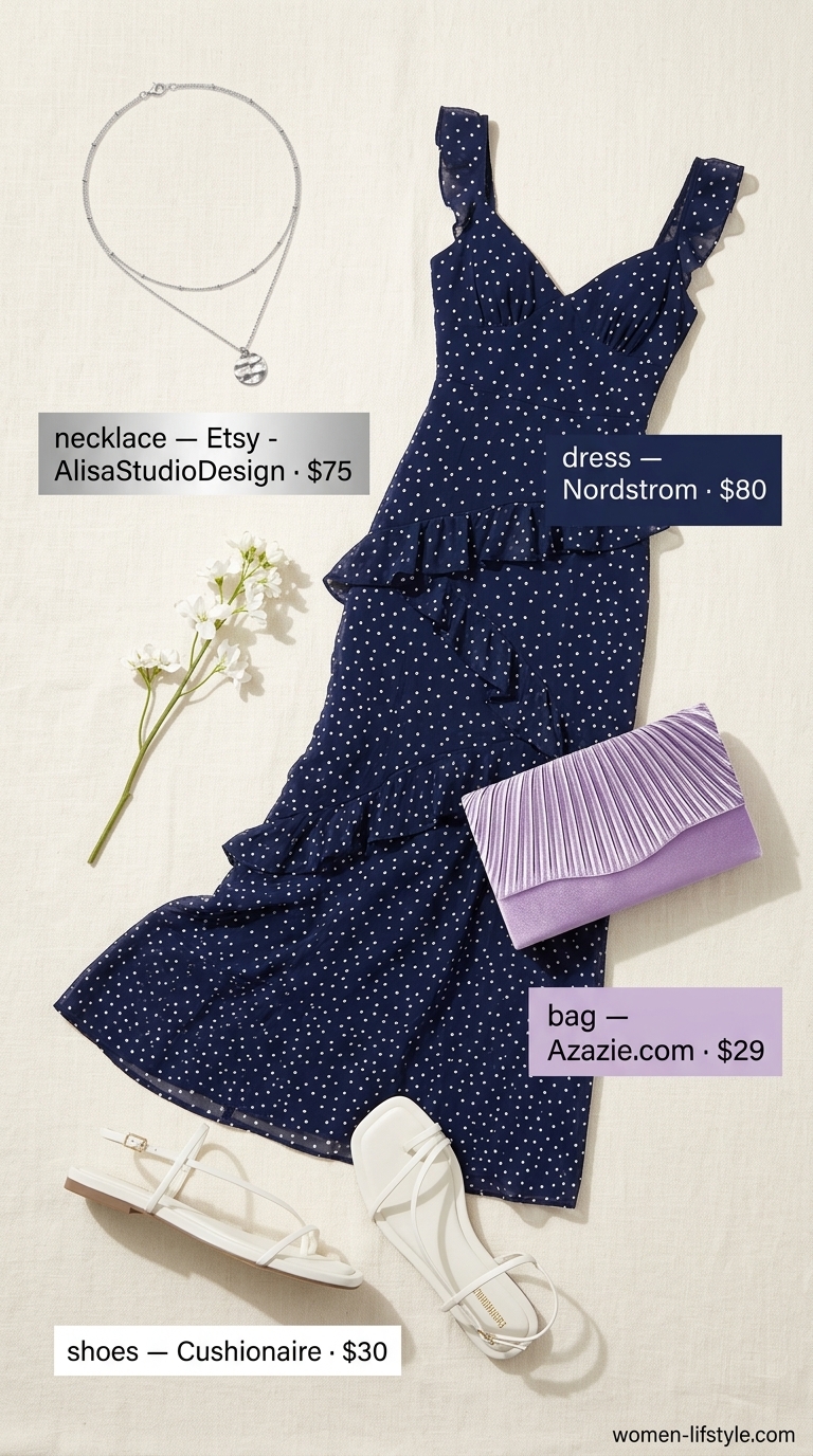Navy summer polka dots outfits for women 2026: Tiered maxi dress with strappy sandals for a romantic evening.