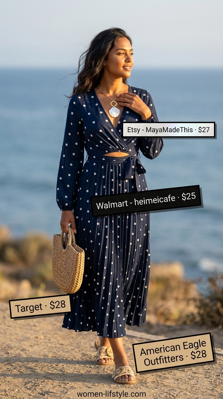 Navy summer polka dots outfits for women 2026: Flowy polka dot maxi dress for a beach vacation.