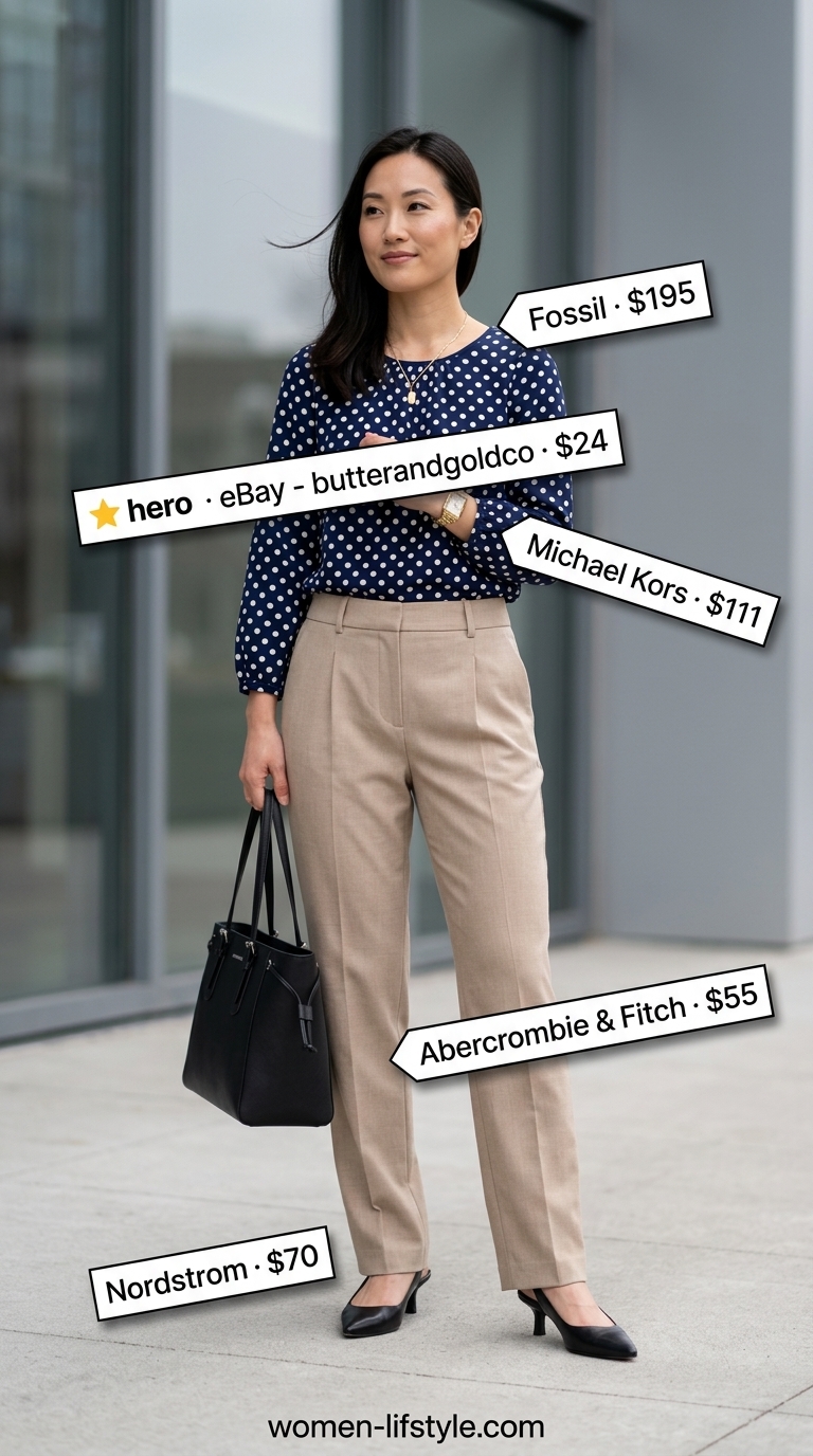 Navy summer polka dots outfits for women 2026: Silk blouse with tailored trousers for sophisticated office wear.