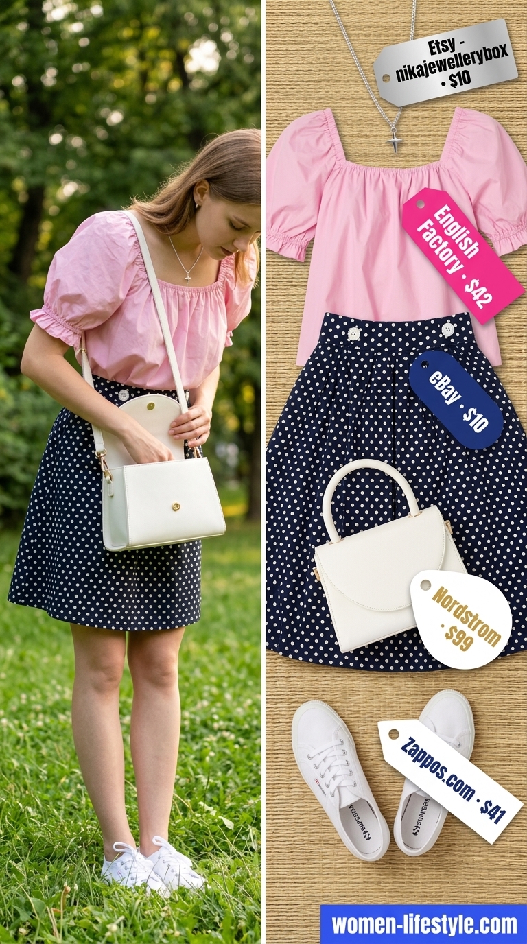 Navy summer polka dots outfits for women 2026: Playful polka dot skirt with pink puff sleeve top for a park picnic.