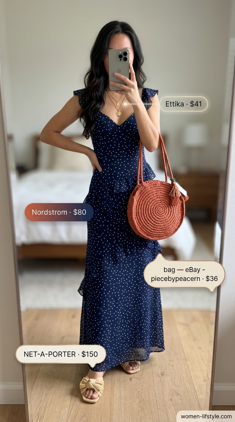 Navy summer polka dots outfits for women 2026: Flowy maxi dress with raffia sandals for resort evening wear.