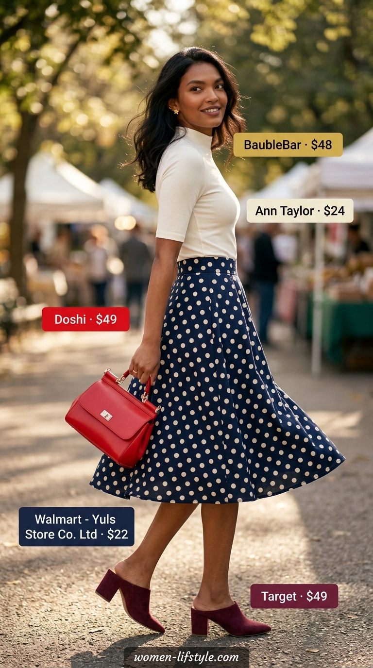 Navy summer polka dots outfits for women 2026: A-line midi skirt with knit top for a charming retro look.