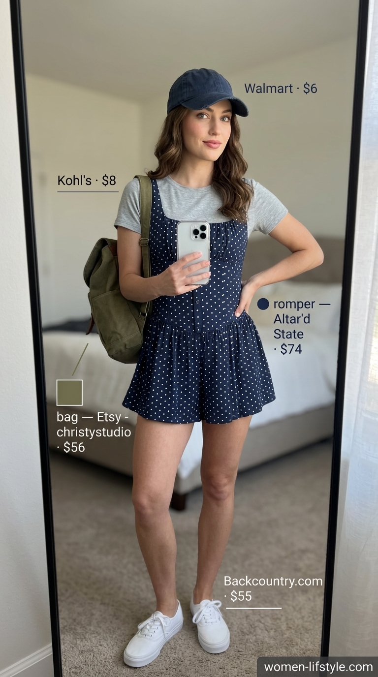 Navy summer polka dots outfits for women 2026: Utility romper with polka dots for a weekend getaway.
