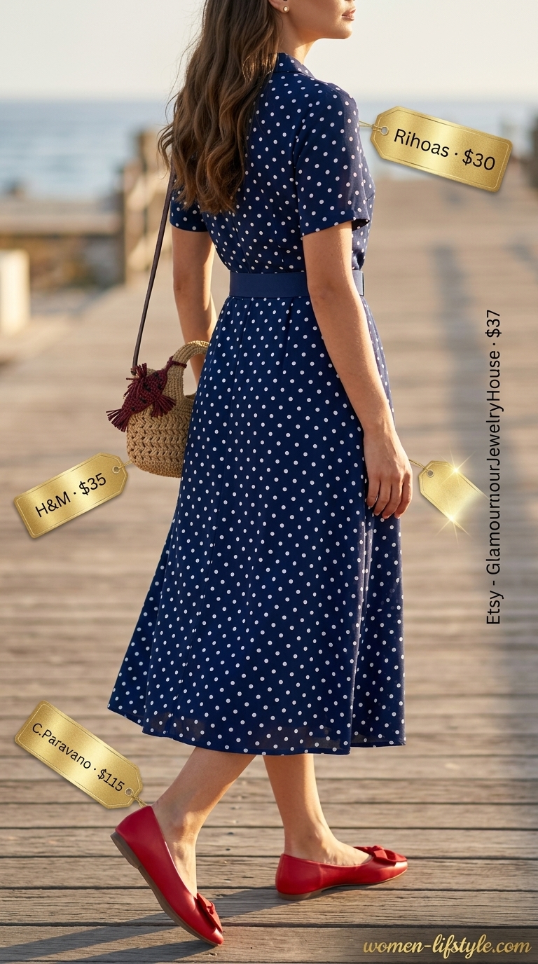 Navy summer polka dots outfits for women 2026: Midi shirt dress with red ballet flats for seaside charm.