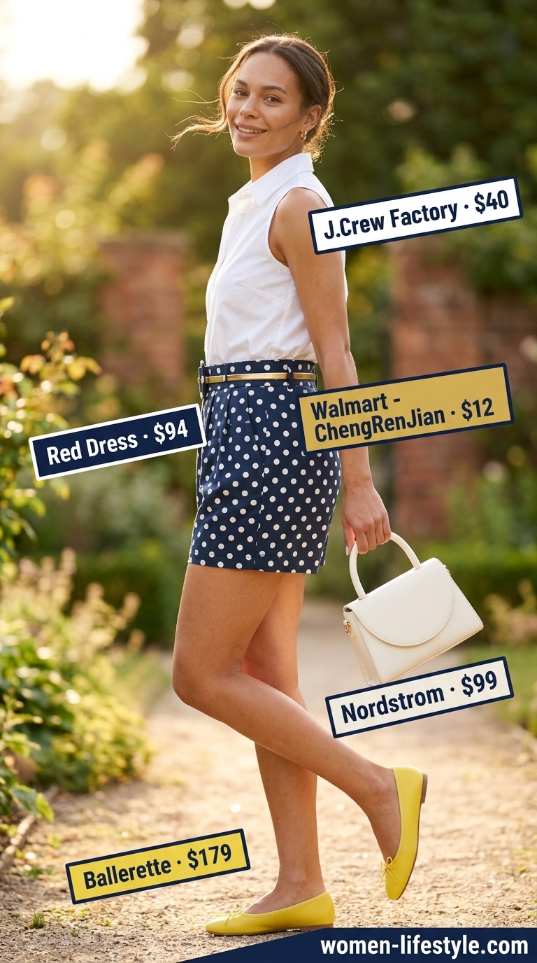 Navy summer polka dots outfits for women 2026: Tailored polka dot shorts with white shirt for a garden party.