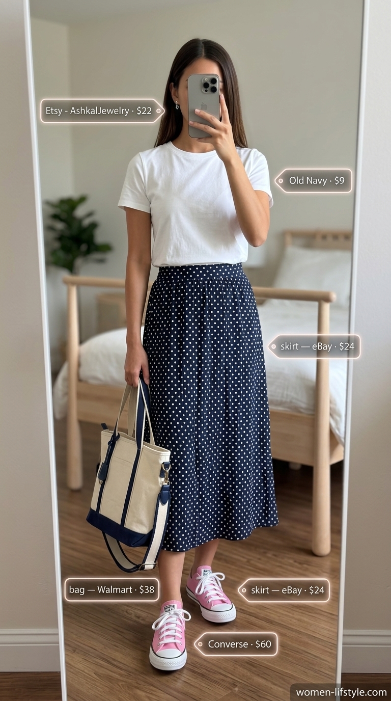 Navy summer polka dots outfits for women 2026: Casual polka dot mini skirt with t-shirt for a weekend outing.