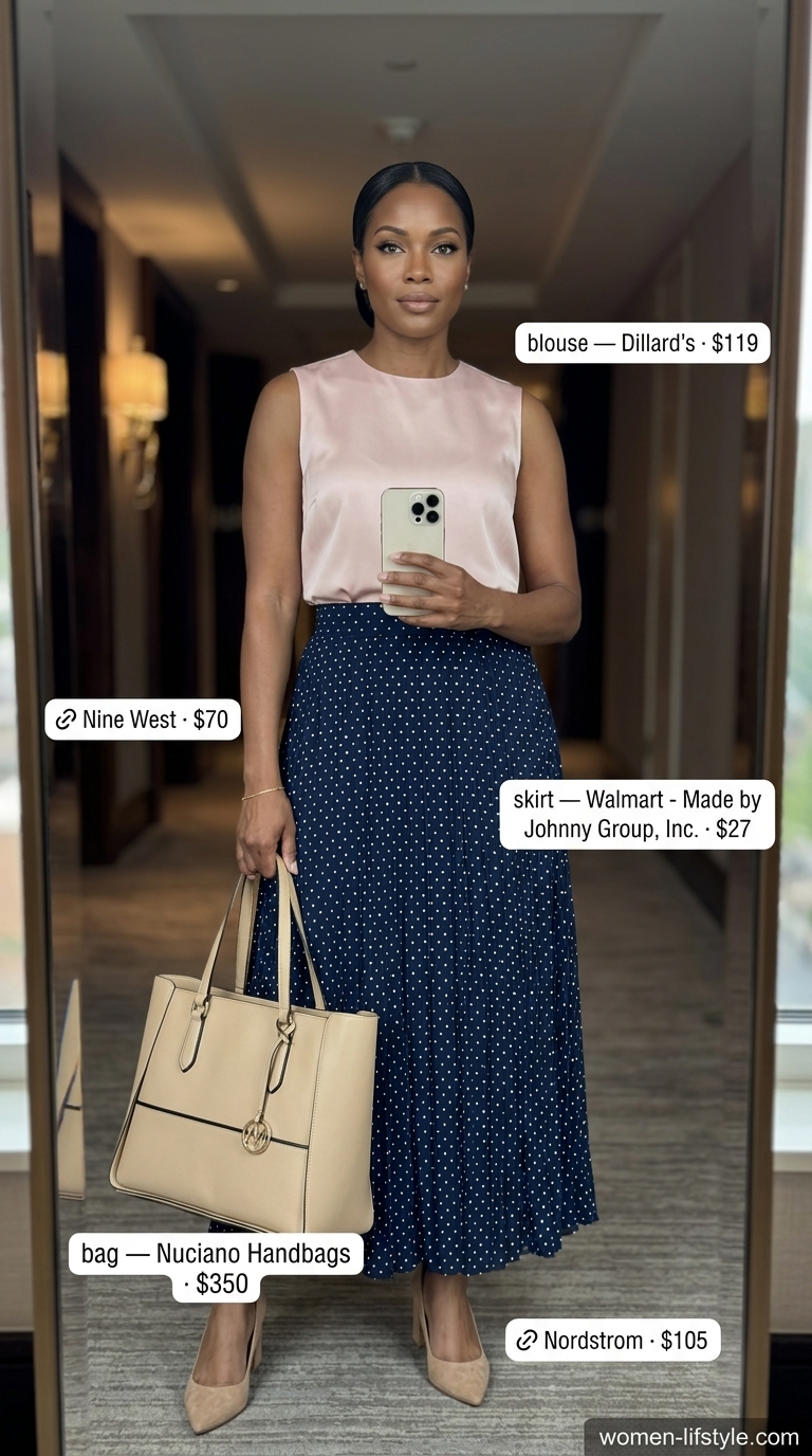 Navy summer polka dots outfits for women 2026: Accordion pleated polka dot midi skirt for work to dinner.