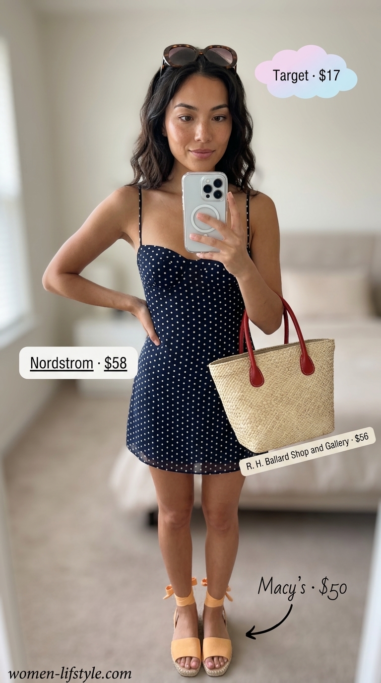 Navy summer polka dots outfits for women 2026: Sweet polka dot sundress for a sunny day picnic.
