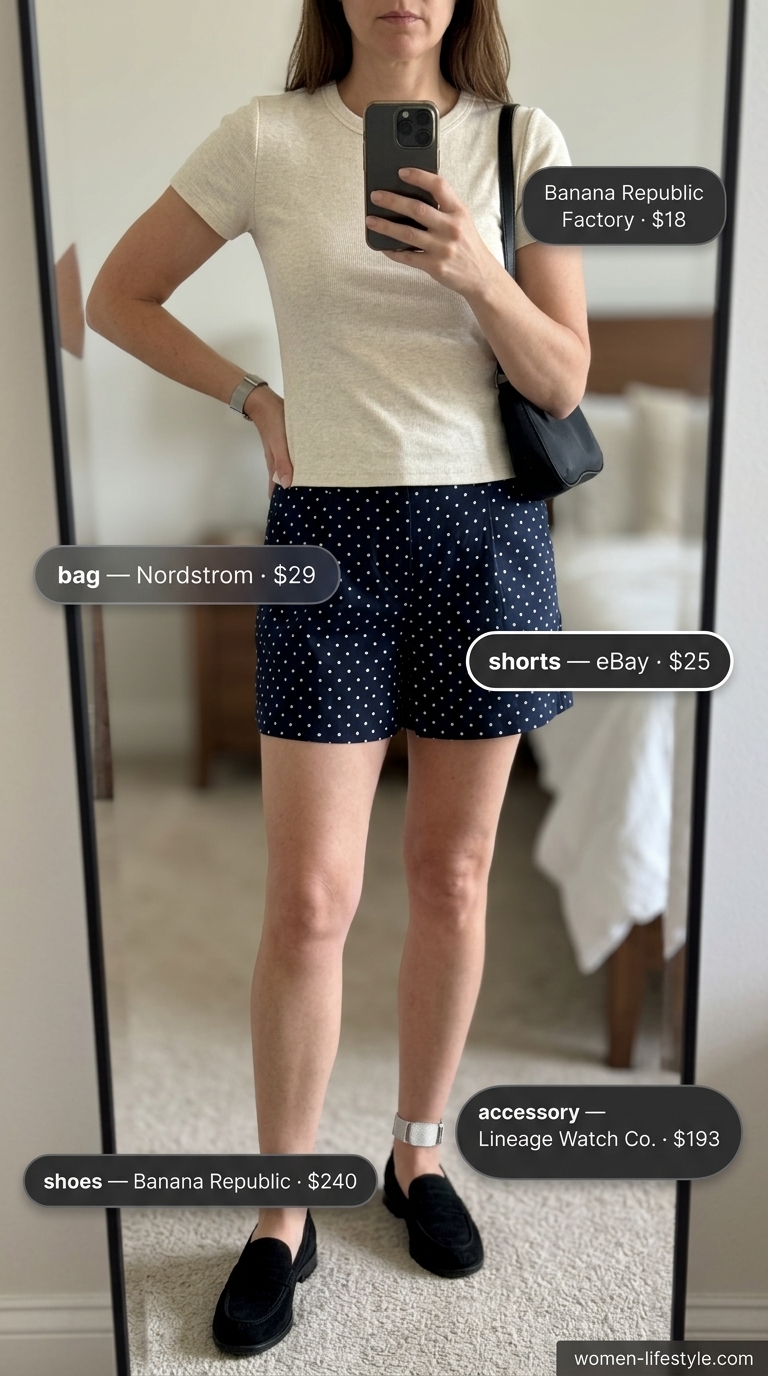 Navy summer polka dots outfits for women 2026: Tailored shorts with knit top and loafers for urban exploration.